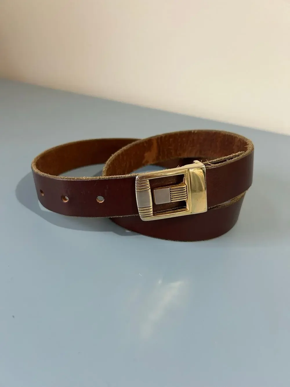 Leather belt brown two tone metal buckle 40 inches length